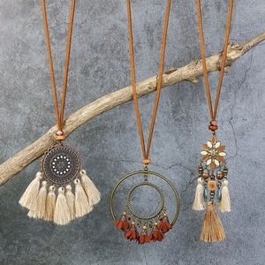 Three piece tassel charm necklaces